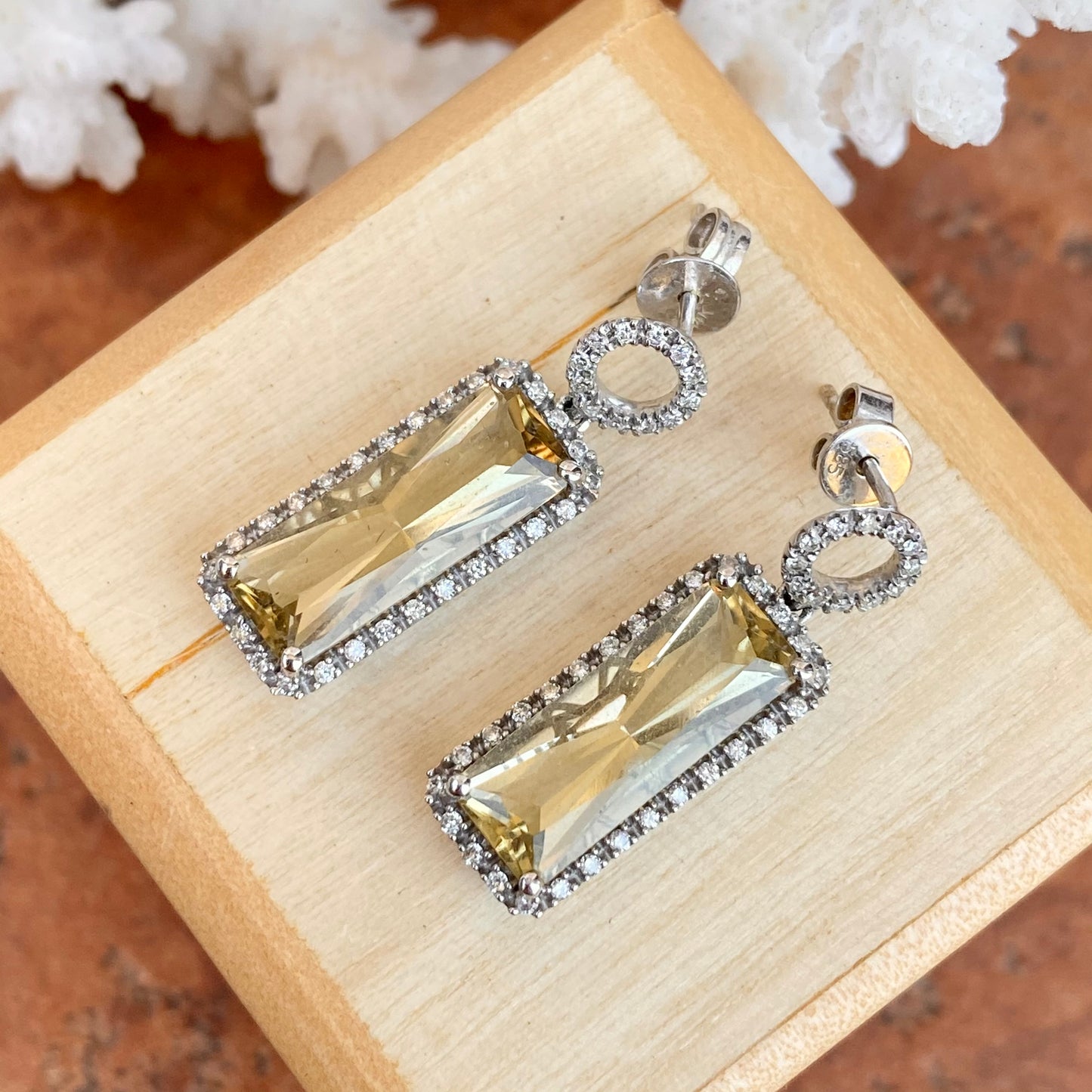 14KT White Gold Pave Diamond + Halo Lime Quartz Dangle Earrings - Legacy Saint Jewelry