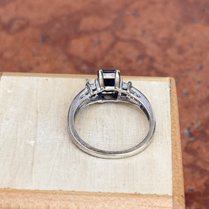 Estate 18KT White Gold Emerald-Cut Blue Sapphire + Baguette Diamond Ring