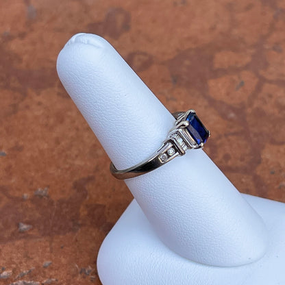 Estate 18KT White Gold Emerald-Cut Blue Sapphire + Baguette Diamond Ring