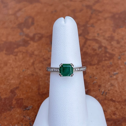 Estate 14KT White Gold Square-Cut Emerald + Pave Diamond Band Ring