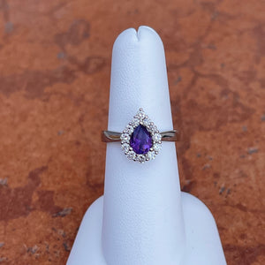 Estate 14KT White Gold Pear Purple Amethyst + Diamond Halo Ring