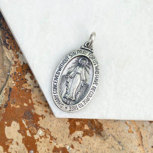 Sterling Silver Antiqued Miraculous Medal Oval Pendant 28mm, Sterling Silver Antiqued Miraculous Medal Oval Pendant 28mm - Legacy Saint Jewelry