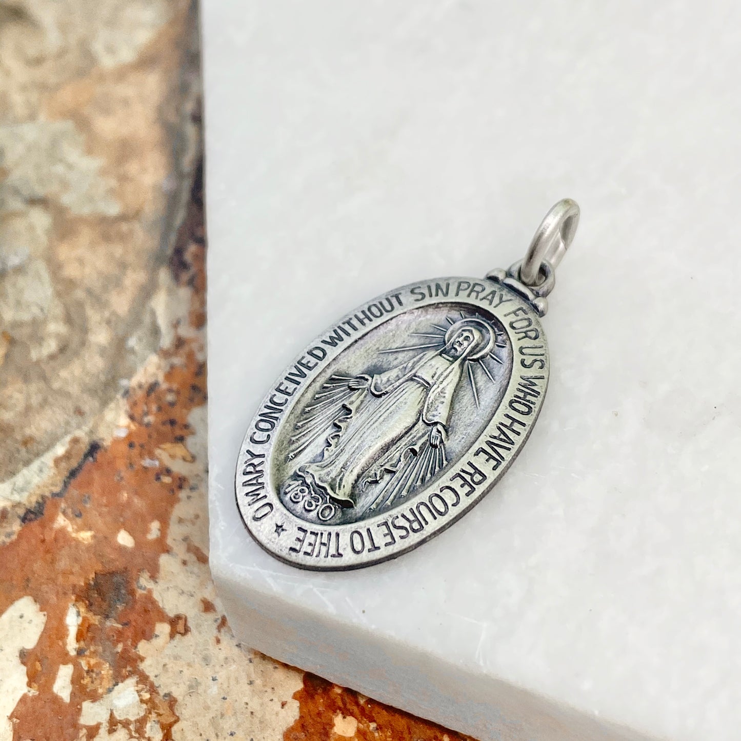 Sterling Silver Antiqued Miraculous Medal Oval Pendant 28mm, Sterling Silver Antiqued Miraculous Medal Oval Pendant 28mm - Legacy Saint Jewelry