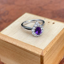 Load image into Gallery viewer, Estate 14KT White Gold Pear Purple Amethyst + Diamond Halo Ring