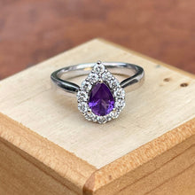 Load image into Gallery viewer, Estate 14KT White Gold Pear Purple Amethyst + Diamond Halo Ring