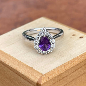 Estate 14KT White Gold Pear Purple Amethyst + Diamond Halo Ring