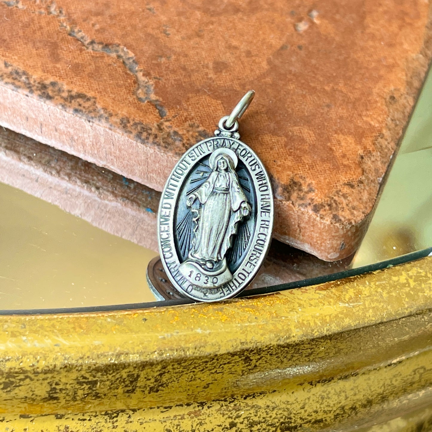 Sterling Silver Antiqued Miraculous Medal Oval Pendant 30mm