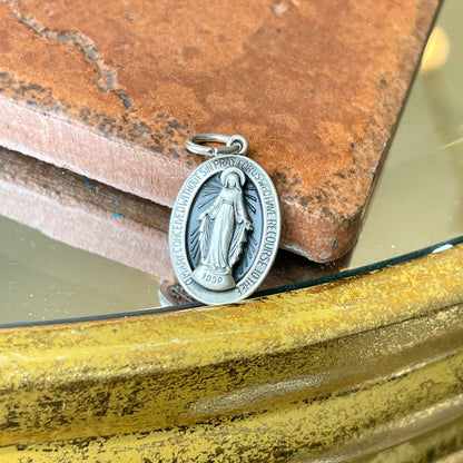 Sterling Silver Antiqued Miraculous Medal Oval Pendant 25mm