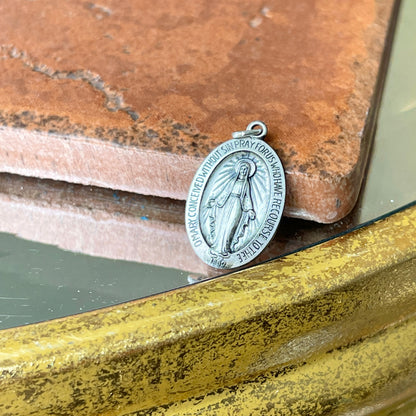 Sterling Silver Antiqued Miraculous Medal Oval Pendant 23mm