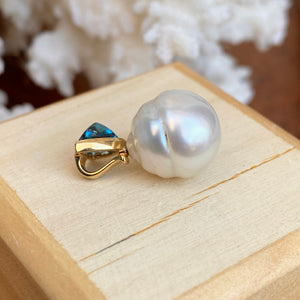 14KT Yellow Gold Blue Topaz + 11mm Paspaley Pearl Pendant Charm - Legacy Saint Jewelry