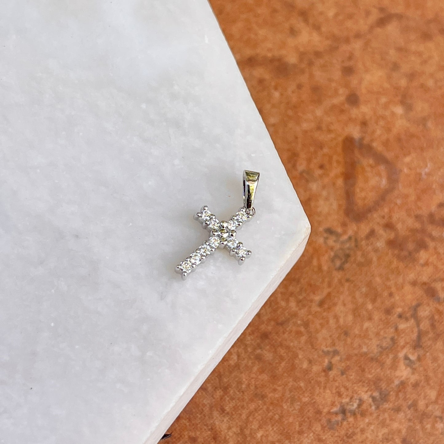 14KT White Gold Diamond .10 CT Latin Mini Cross Pendant Charm