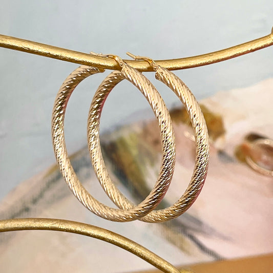 14KT Yellow Gold Diamond-Cut Tube Hoop Earrings 50mm