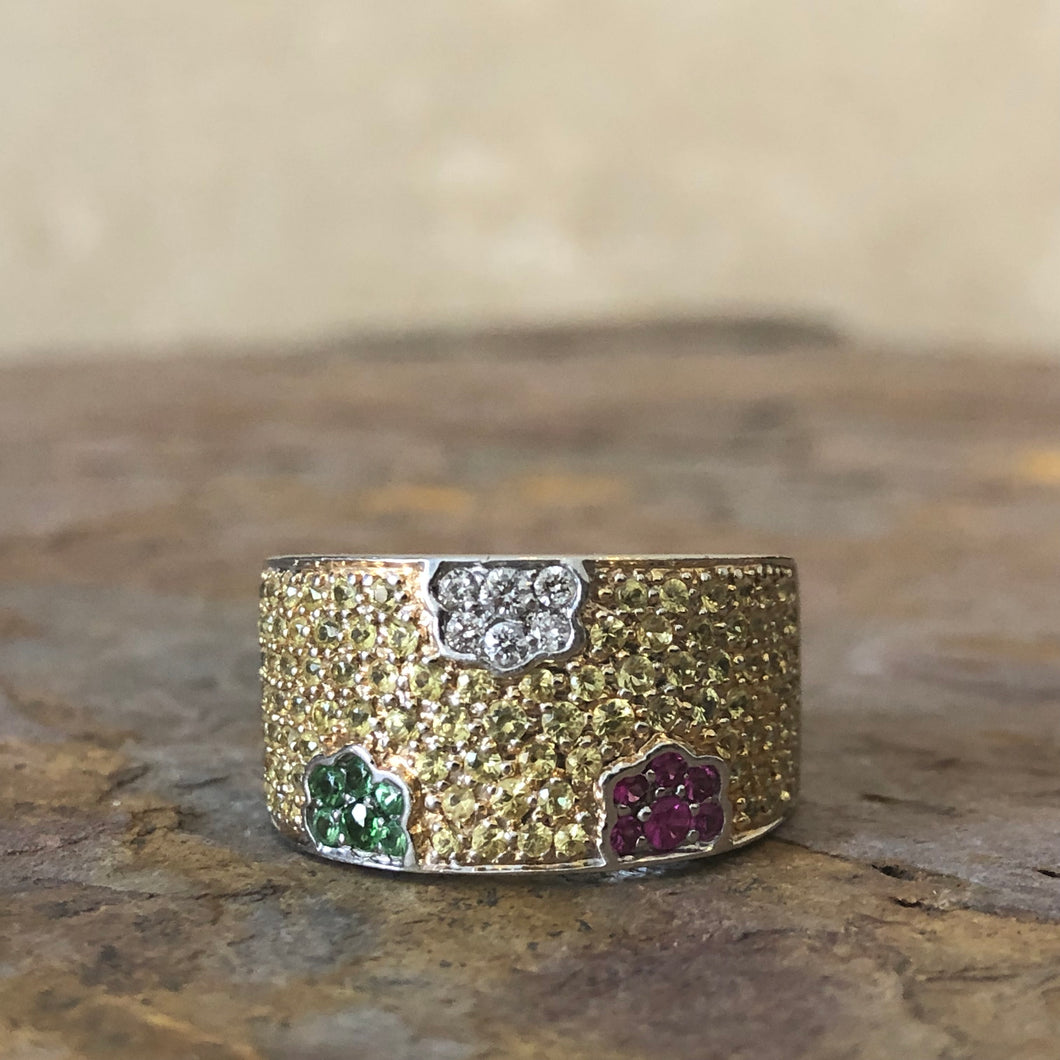 Estate 18KT White Gold Yellow Sapphire, Tsavorite Green Garnet + Ruby Ring - Legacy Saint Jewelry