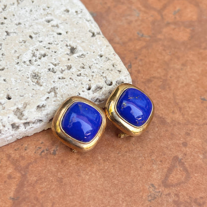 Estate 14KT Yellow Gold Square Blue Lapis Omega Back Earrings