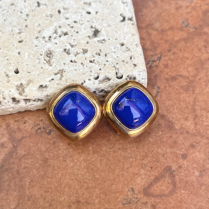 Estate 14KT Yellow Gold Square Blue Lapis Omega Back Earrings