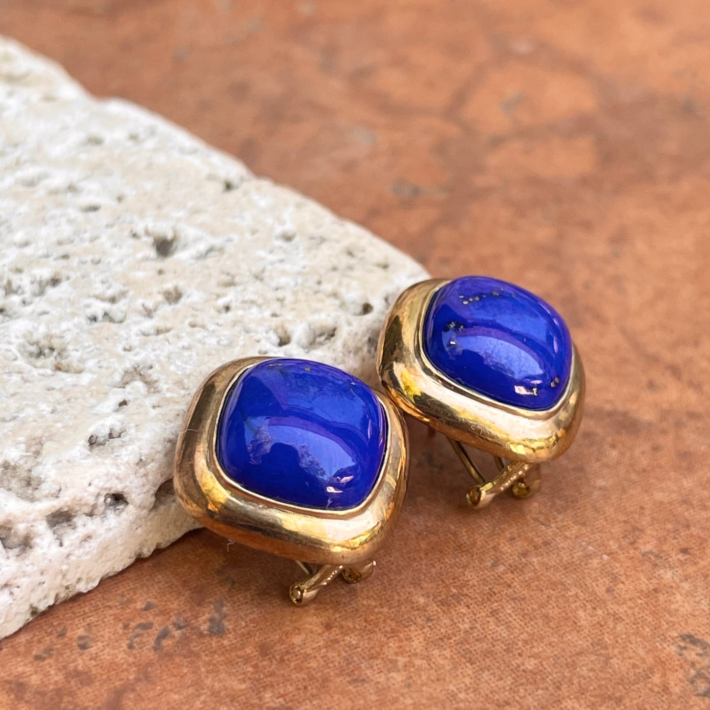 Estate 14KT Yellow Gold Square Blue Lapis Omega Back Earrings