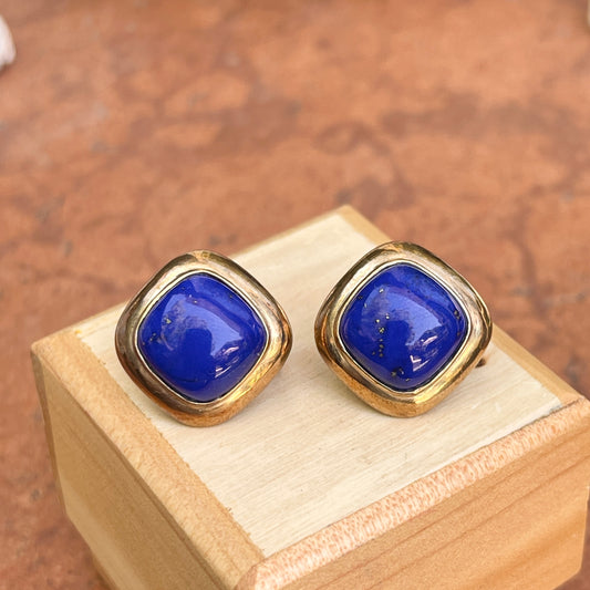 Estate 14KT Yellow Gold Square Blue Lapis Omega Back Earrings