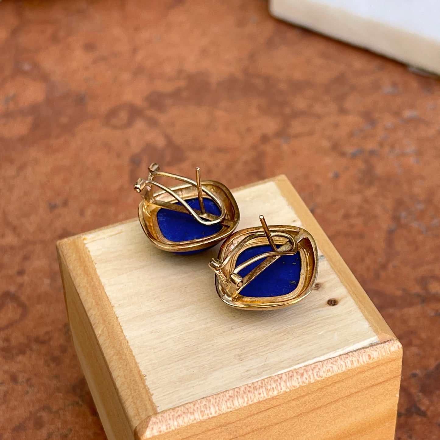 Estate 14KT Yellow Gold Square Blue Lapis Omega Back Earrings