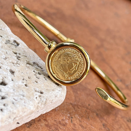 14KT Yellow Gold Matte Replica Roman Coin Open Bangle Bracelet