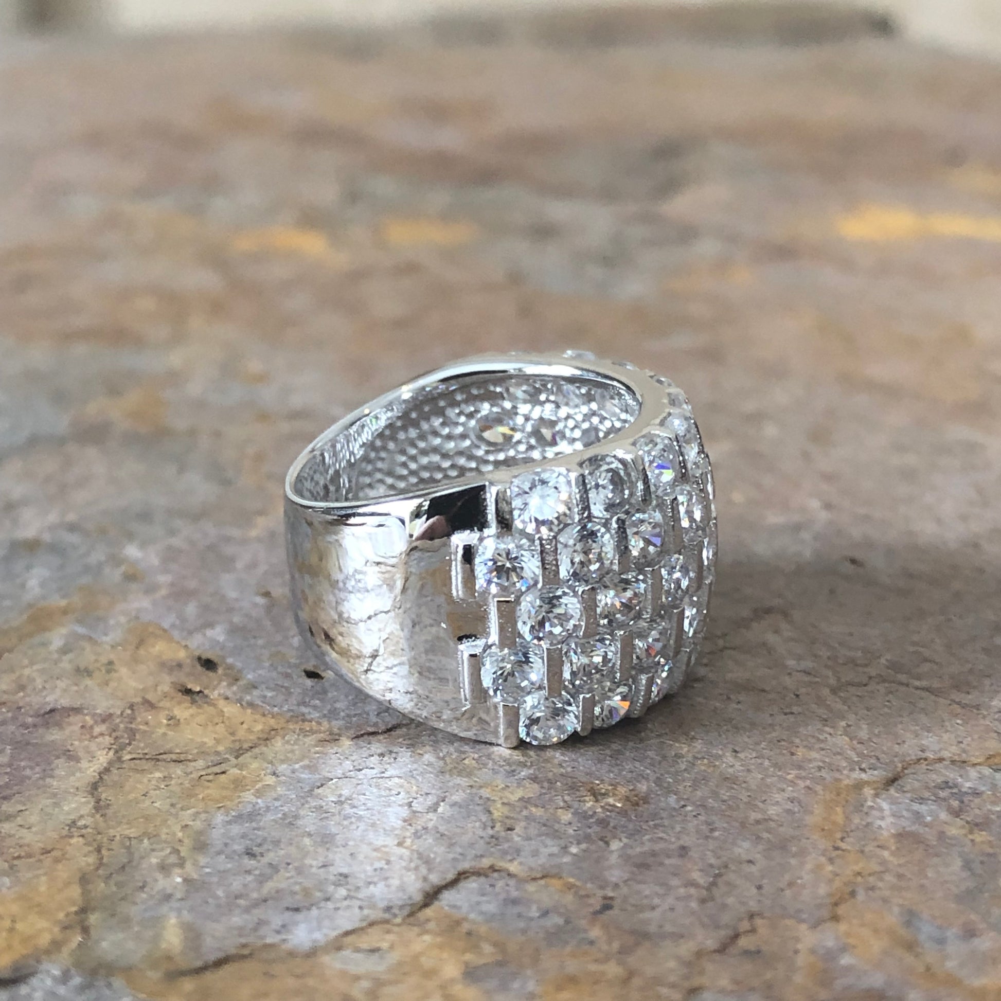 Sterling Silver CZ Staggered Channel Cigar Band Ring, Sterling Silver CZ Staggered Channel Cigar Band Ring - Legacy Saint Jewelry