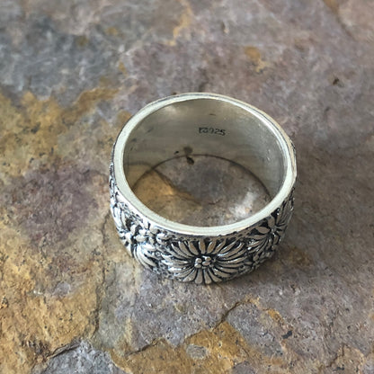 Sterling Silver Floral Cigar Band Ring, Sterling Silver Floral Cigar Band Ring - Legacy Saint Jewelry