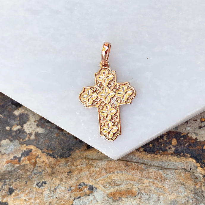 14KT Rose Gold Floral Raised Patterned Cross Pendant, 14KT Rose Gold Floral Raised Patterned Cross Pendant - Legacy Saint Jewelry