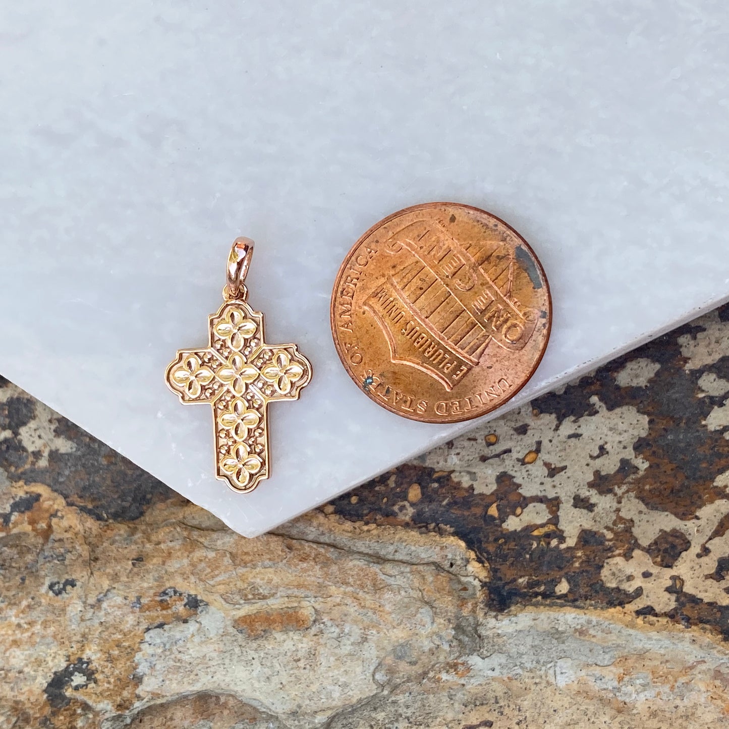 14KT Rose Gold Floral Raised Patterned Cross Pendant, 14KT Rose Gold Floral Raised Patterned Cross Pendant - Legacy Saint Jewelry