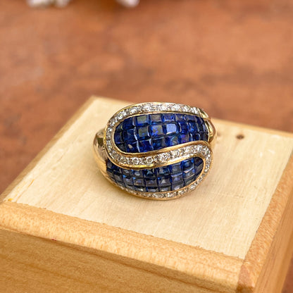 Estate 18KT Yellow Gold Princess-Cut Blue Sapphire + Pave Diamond Swirl Ring