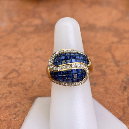 Estate 18KT Yellow Gold Princess-Cut Blue Sapphire + Pave Diamond Swirl Ring