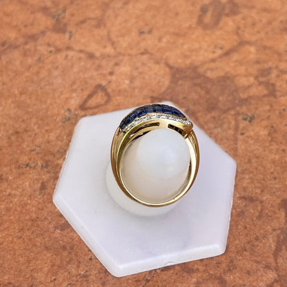 Estate 18KT Yellow Gold Princess-Cut Blue Sapphire + Pave Diamond Swirl Ring