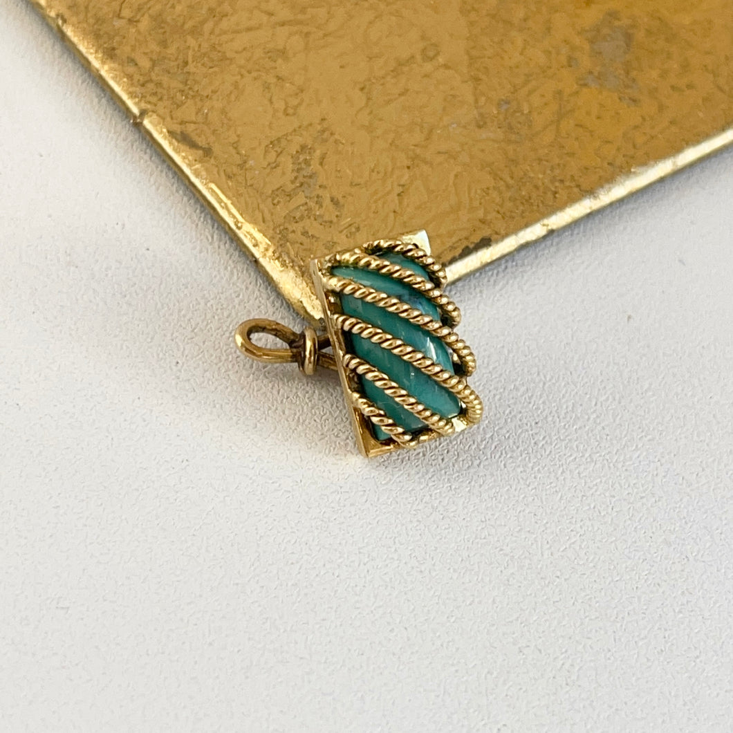 Estate 14KT Yellow Gold Caged Turquoise Rope Twist Pendant Charm