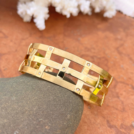 Estate 14KT Yellow Gold Matte Mid Century Scattered Diamond Cuff Bracelet