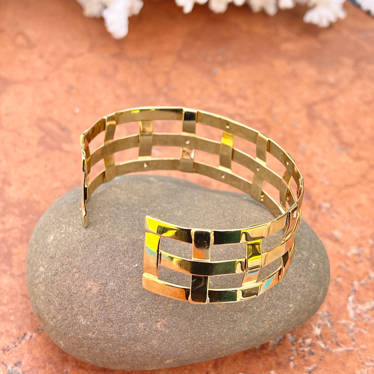 Estate 14KT Yellow Gold Matte Mid Century Scattered Diamond Cuff Bracelet