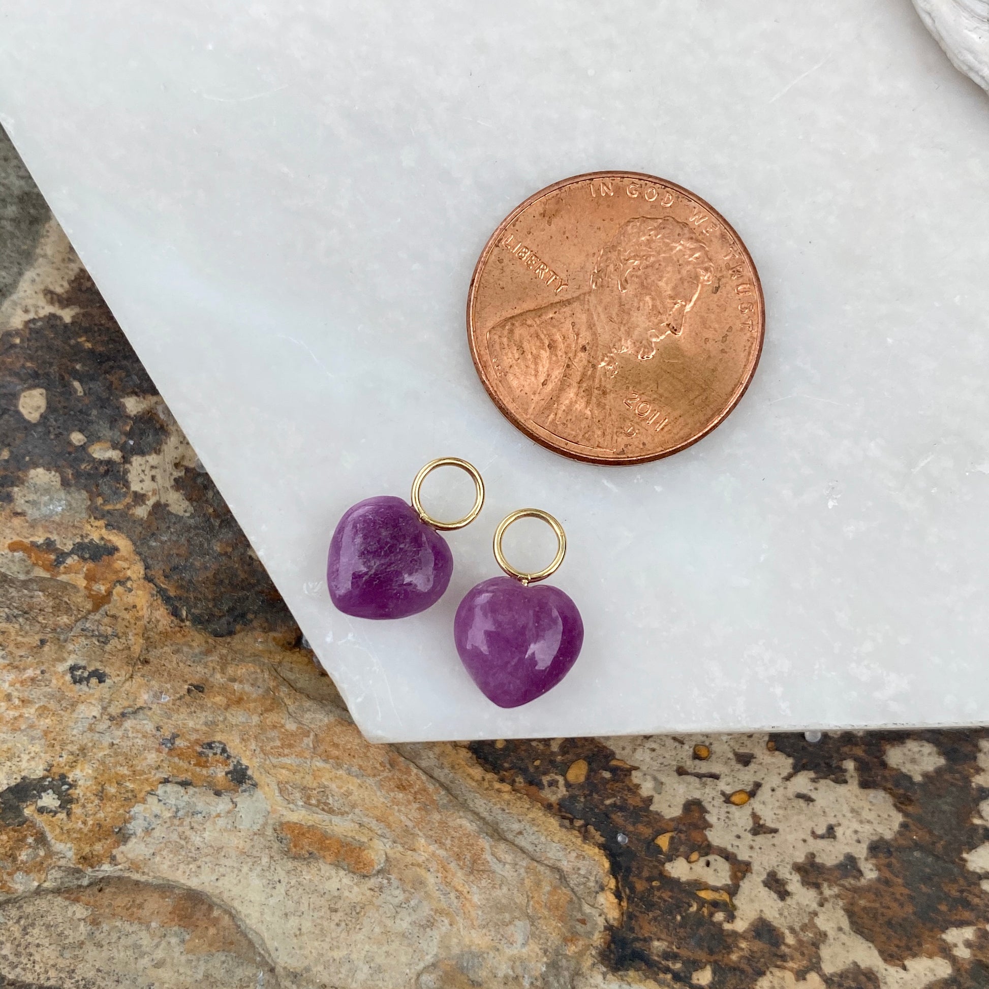 Estate 14KT Yellow Gold Purple Amethyst Heart-Shape Mini Earring Charms, Estate 14KT Yellow Gold Purple Amethyst Heart-Shape Mini Earring Charms - Legacy Saint Jewelry