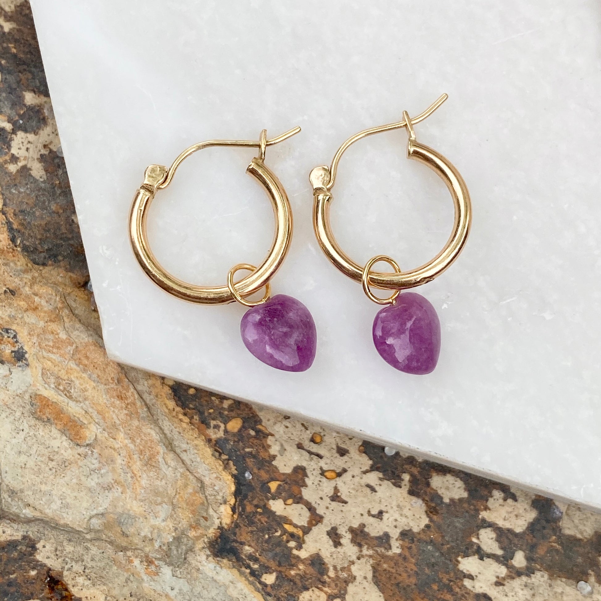 Estate 14KT Yellow Gold Purple Amethyst Heart-Shape Mini Earring Charms, Estate 14KT Yellow Gold Purple Amethyst Heart-Shape Mini Earring Charms - Legacy Saint Jewelry