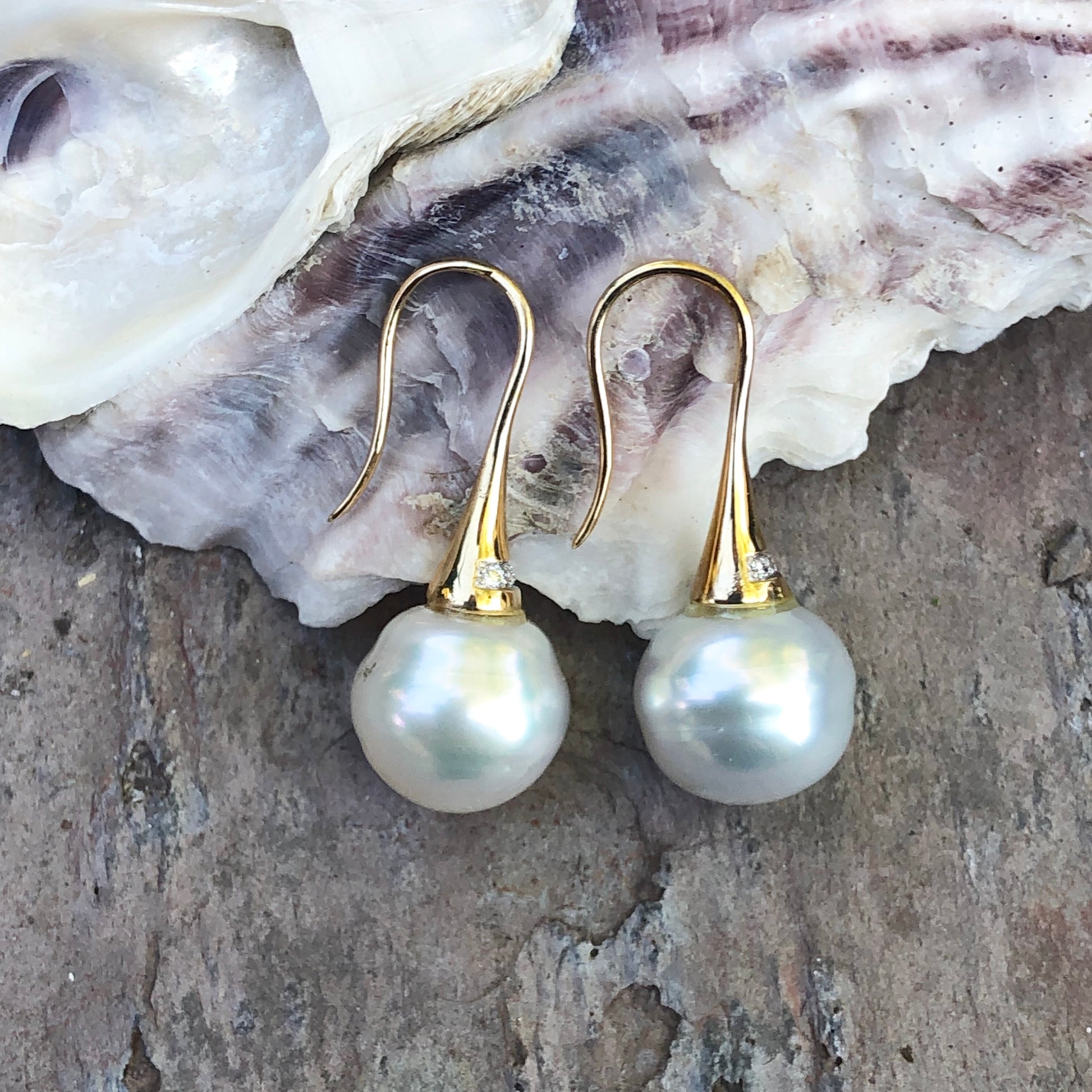 14KT Yellow Gold Pave Diamond + Paspaley Pearl Drop Earrings, 14KT Yellow Gold Pave Diamond + Paspaley Pearl Drop Earrings - Legacy Saint Jewelry