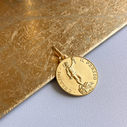 14KT Yellow Gold Matte Perseus + Medusa Head Medal Pendant 21mm