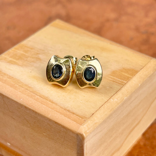 14KT Yellow Gold Bezel Set Blue Sapphire Stud Earrings