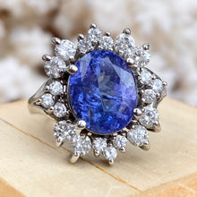 Load image into Gallery viewer, Estate 14KT White Gold Oval 4.5 CT Violet Tanzanite + Halo Diamond Ring