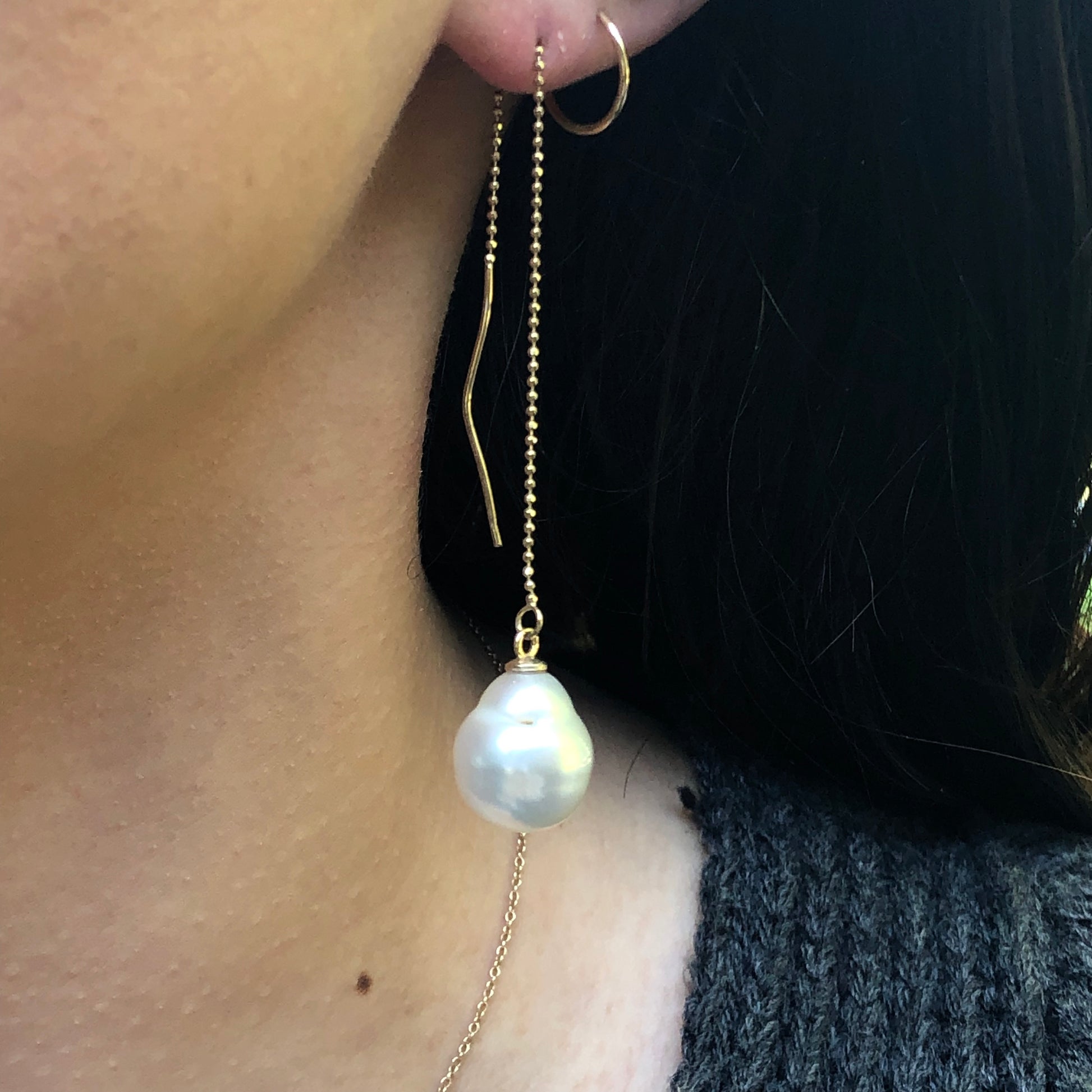 14KT Yellow Gold Paspaley Pearl Threader Ball Chain Earrings, 14KT Yellow Gold Paspaley Pearl Threader Ball Chain Earrings - Legacy Saint Jewelry