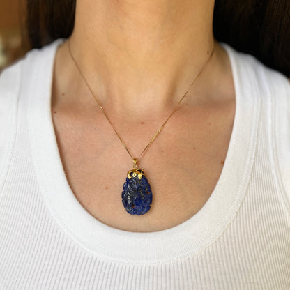 Estate 14KT Yellow Gold Filigree Carved Blue Lapis Pendant