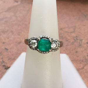 Estate 18KT White Gold Emerald + Diamond 3 Stone Halo Ring - Legacy Saint Jewelry
