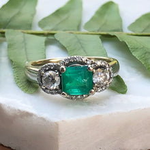 Load image into Gallery viewer, Estate 18KT White Gold Emerald + Diamond 3 Stone Halo Ring - Legacy Saint Jewelry