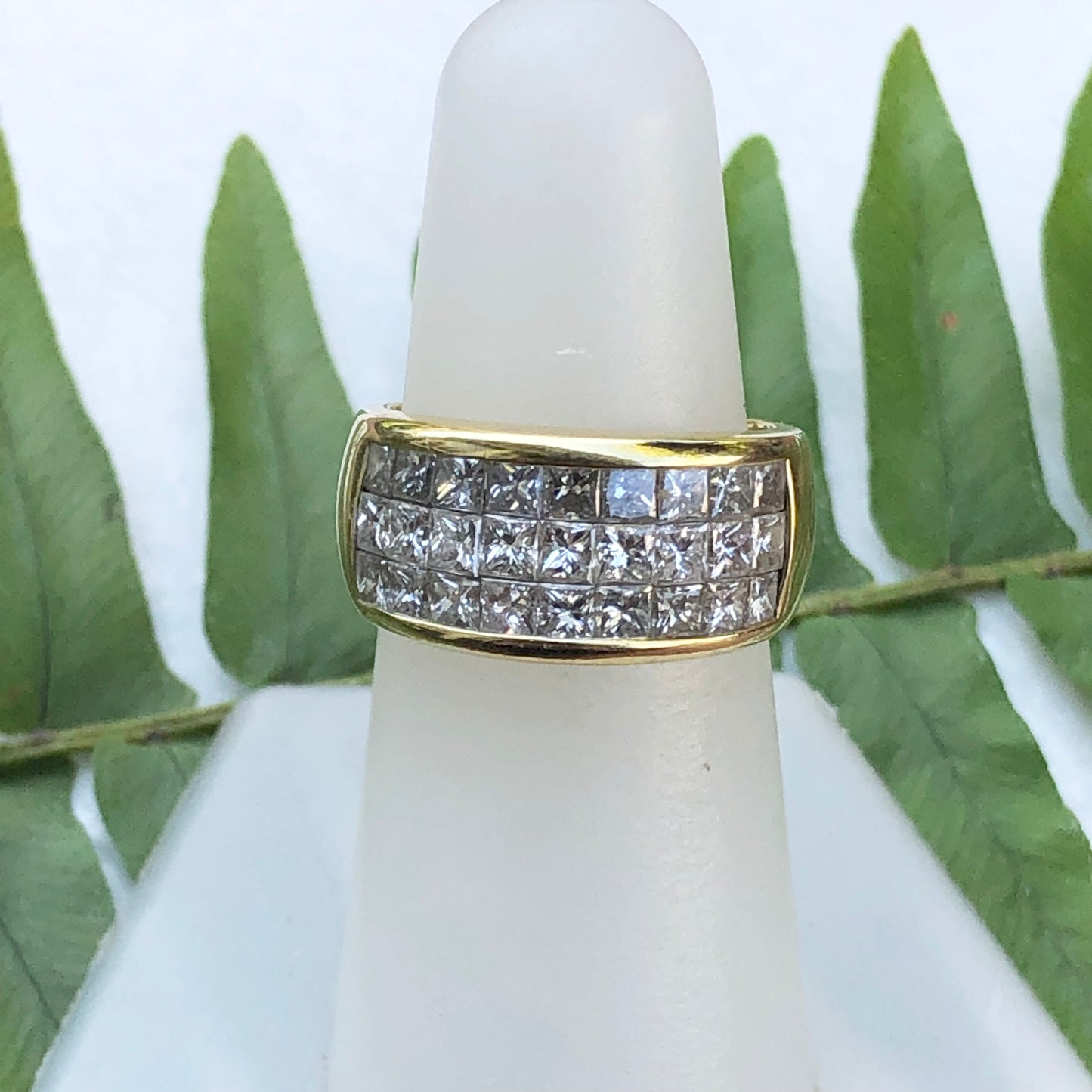 Estate 18KT Yellow Gold 3-Row Princess Cut Diamond Cigar Band Ring - Legacy Saint Jewelry