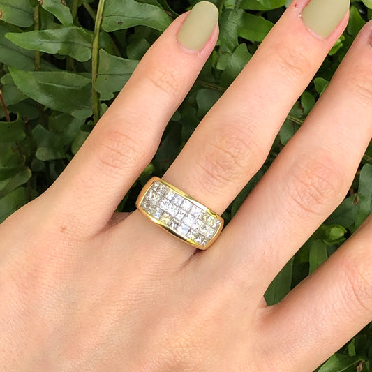 Estate 18KT Yellow Gold 3-Row Princess Cut Diamond Cigar Band Ring - Legacy Saint Jewelry
