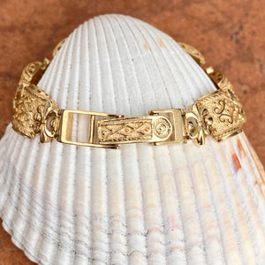 Estate 14KT Yellow Gold Byzantine Link Textured Fleur de Lis Bracelet - Legacy Saint Jewelry