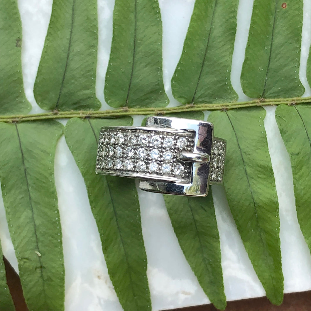 Estate 14KT White Gold + Pave Diamond Belt Buckle Cigar Band Ring - Legacy Saint Jewelry