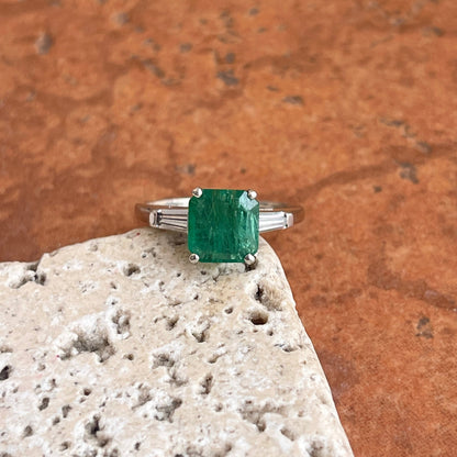 Estate 14KT White Gold Emerald-Cut 1.35 CT Emerald + Baguette Diamond Ring