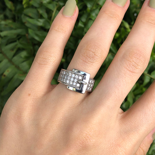 Estate 14KT White Gold + Pave Diamond Belt Buckle Cigar Band Ring - Legacy Saint Jewelry