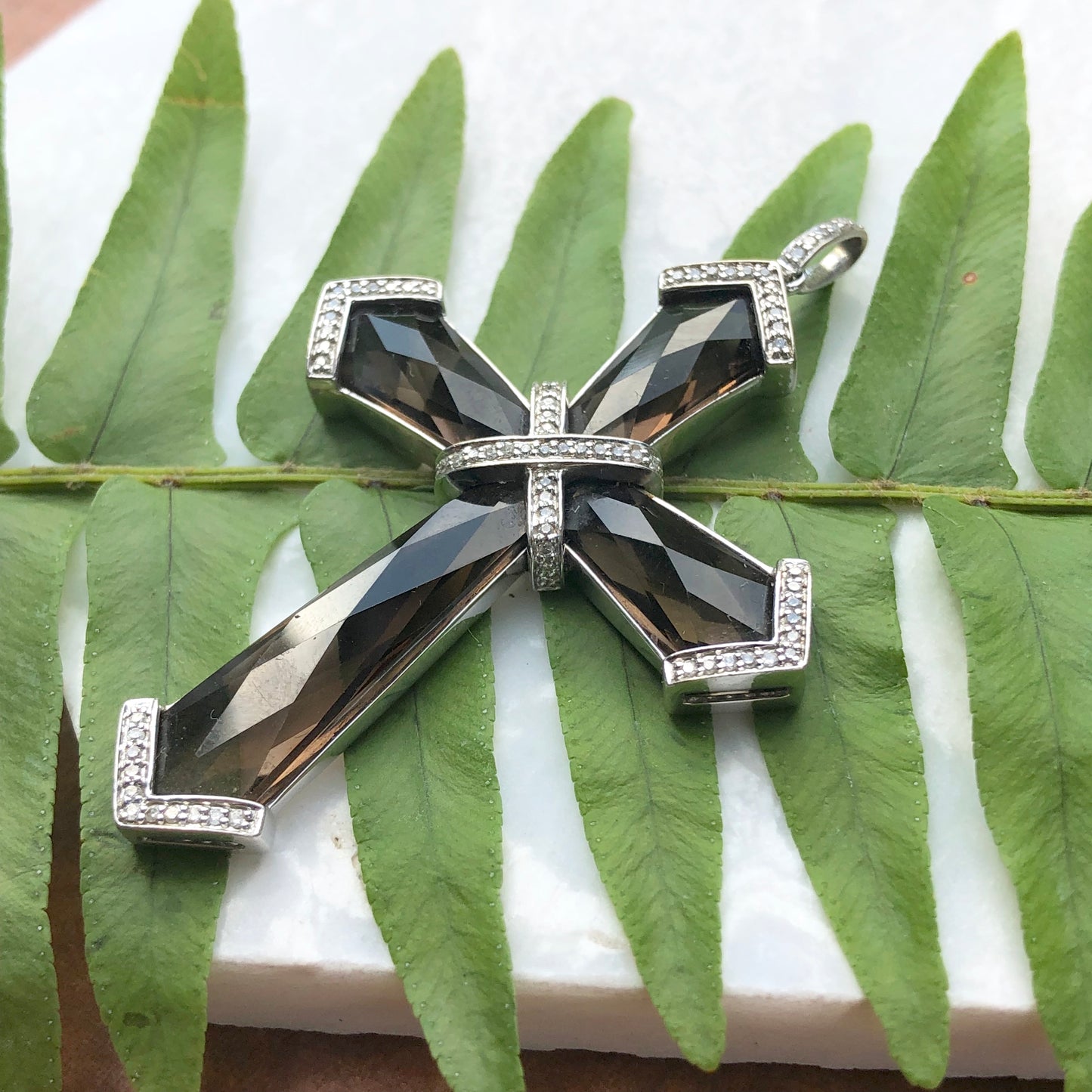 14KT White Gold Pave Diamond + Smokey Quartz Gemstone Latin Cross Pendant - Legacy Saint Jewelry